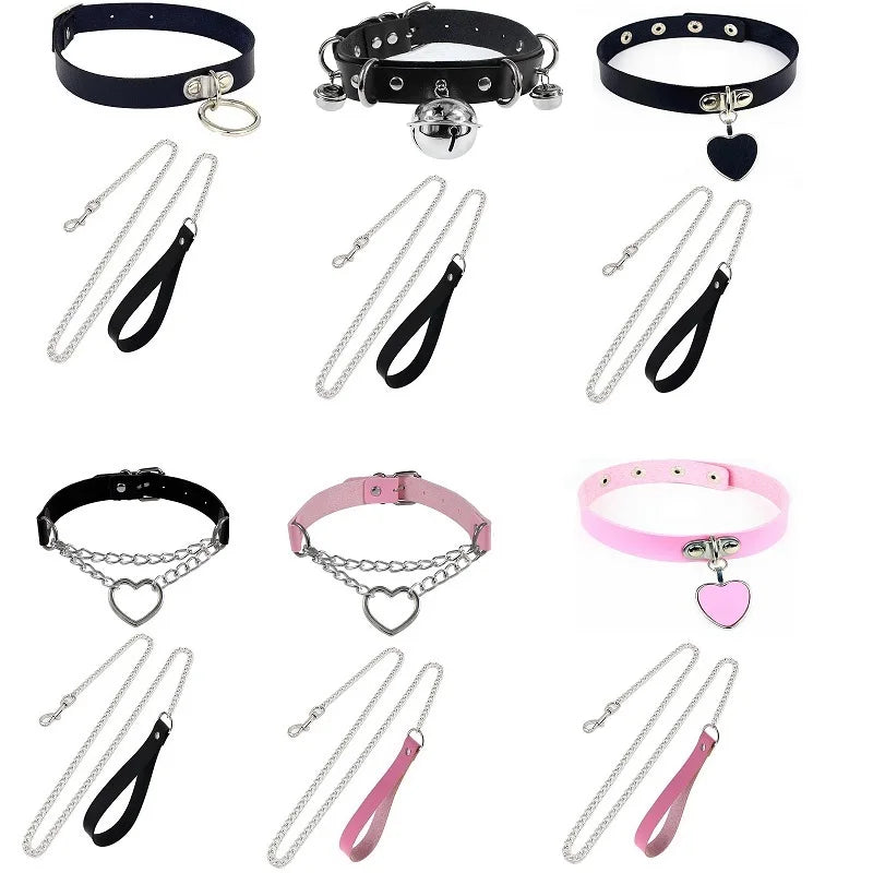 Gothic Leather Heart Collar & Leash Set