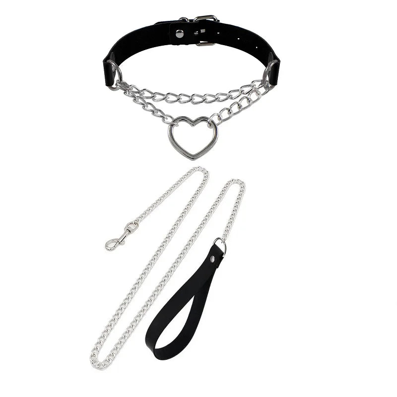Gothic Leather Heart Collar & Leash Set