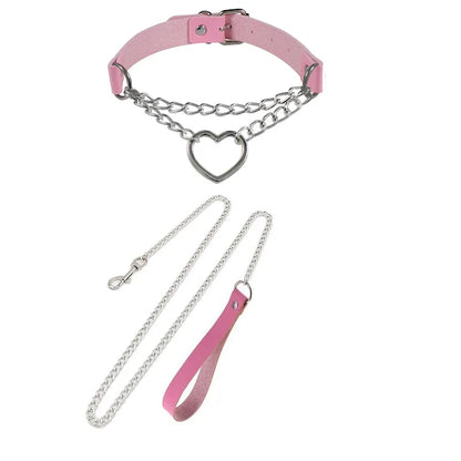 Gothic Leather Heart Collar & Leash Set
