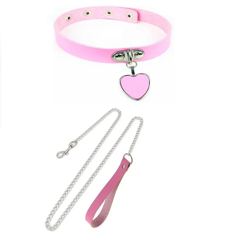 Gothic Leather Heart Collar & Leash Set