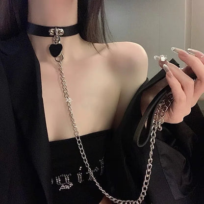 Gothic Leather Heart Collar & Leash Set
