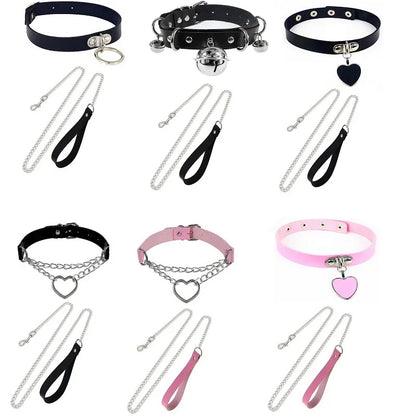 Gothic Leather Heart Collar & Leash Set