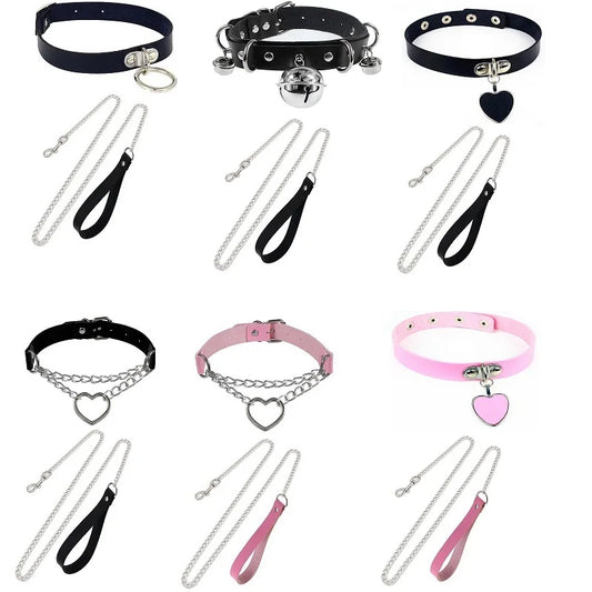 Gothic Leather Heart Collar & Leash Set
