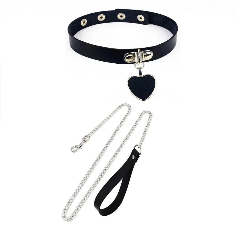 Gothic Leather Heart Collar & Leash Set