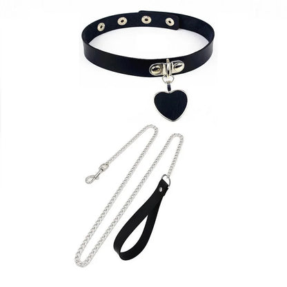Gothic Leather Heart Collar & Leash Set