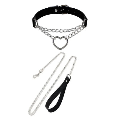 Gothic Leather Heart Collar & Leash Set